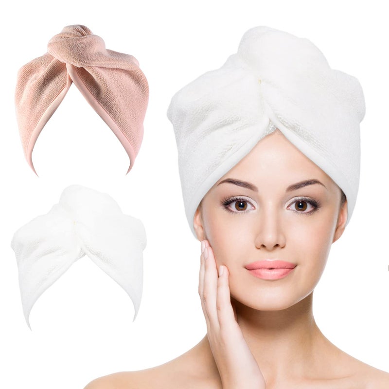 YoulerTex Ultra Plush Microfiber Hair Towel Wrap for Women  2 Pack 10 inch X 26inch Purple  Ultra Absorbent Twist Hair Turban Drying Cap Hair Wrap  For Drying Curly  Long & Thick Hair (Peachy beige+White) - Image 1